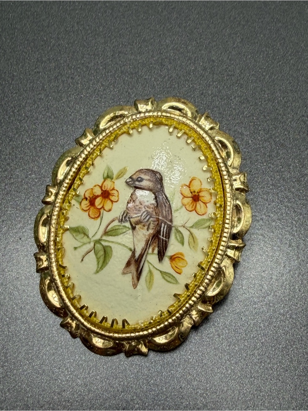 Vintage Egg shell art Bird Brooch with Yellow Floral #cz331